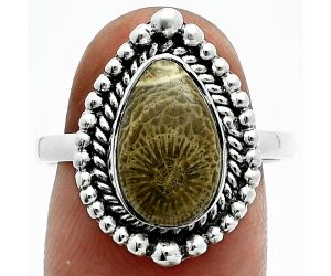 Flower Fossil Coral Ring size-8.5 EXR06320 R-1154, 8x12 mm