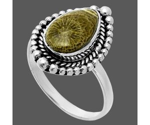 Flower Fossil Coral Ring size-8.5 EXR06320 R-1154, 8x12 mm