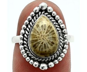 Flower Fossil Coral Ring size-7 EXR06322 R-1154, 8x12 mm