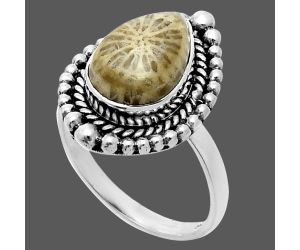 Flower Fossil Coral Ring size-7 EXR06322 R-1154, 8x12 mm