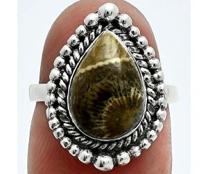 Flower Fossil Coral Ring size-6 EXR06332 R-1154, 8x12 mm