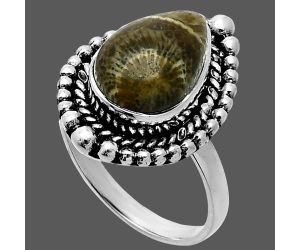 Flower Fossil Coral Ring size-6 EXR06332 R-1154, 8x12 mm