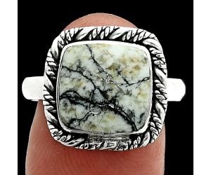 Authentic White Buffalo Turquoise Nevada Ring size-9 EXR06388 R-1013, 11x11 mm