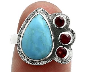 Natural Rare Turquoise Nevada Aztec Mt and Garnet Ring size-7 EXR06395 R-1655, 9x13 mm