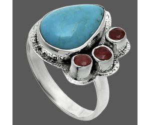 Natural Rare Turquoise Nevada Aztec Mt and Garnet Ring size-7 EXR06395 R-1655, 9x13 mm