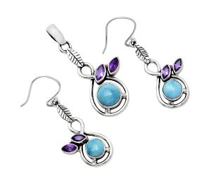 Sleeping Beauty Turquoise and Amethyst Pendant Earrings Set EXT01113 T-1013, 8x8 mm