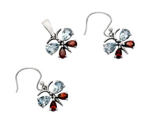 Butterfly - Sky Blue Topaz and Garnet Pendant Earrings Set EXT01173 T-1014, 6x4 mm