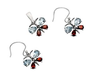 Butterfly - Sky Blue Topaz and Garnet Pendant Earrings Set EXT01174 T-1014, 6x4 mm