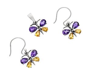 Butterfly - African Amethyst and Citrine Pendant Earrings Set EXT01191 T-1014, 6x4 mm