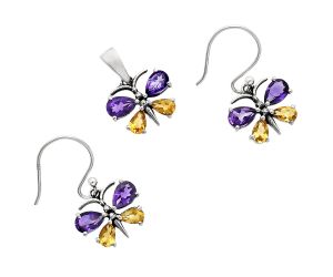 Butterfly - African Amethyst and Citrine Pendant Earrings Set EXT01192 T-1014, 6x4 mm