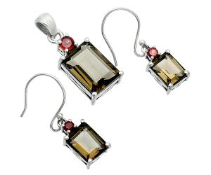 Smoky Quartz and Garnet Pendant Earrings Set EXT01490 T-1019, 10x14 mm