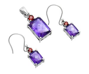 African Amethyst Checker and Garnet Pendant Earrings Set EXT01495 T-1019, 10x14 mm