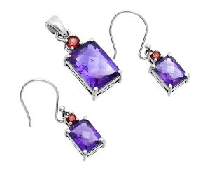 African Amethyst Checker and Garnet Pendant Earrings Set EXT01496 T-1019, 10x14 mm