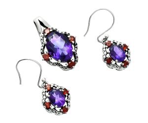 African Amethyst and Garnet Pendant Earrings Set EXT01506 T-1020, 10x14 mm