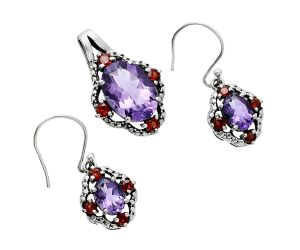 African Amethyst and Garnet Pendant Earrings Set EXT01507 T-1020, 10x14 mm