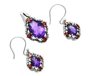 African Amethyst and Garnet Pendant Earrings Set EXT01508 T-1020, 10x14 mm