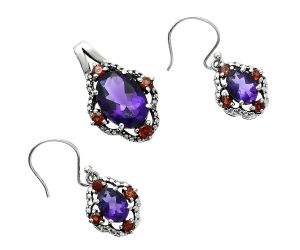 African Amethyst and Garnet Pendant Earrings Set EXT01511 T-1020, 10x14 mm