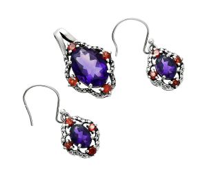 African Amethyst and Garnet Pendant Earrings Set EXT01512 T-1020, 10x14 mm