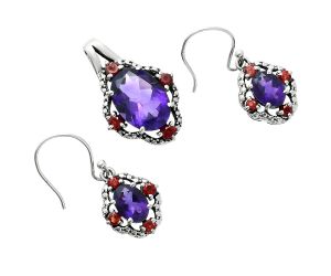 African Amethyst and Garnet Pendant Earrings Set EXT01515 T-1020, 10x14 mm