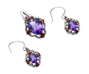 African Amethyst and Garnet Pendant Earrings Set EXT01516 T-1020, 10x14 mm