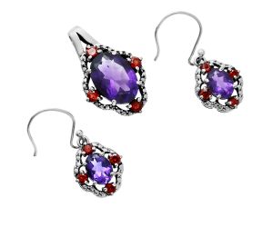 African Amethyst and Garnet Pendant Earrings Set EXT01518 T-1020, 10x14 mm