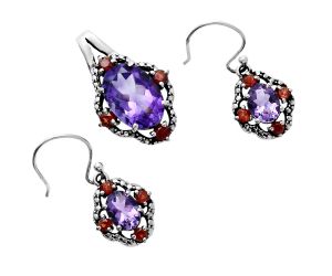 African Amethyst and Garnet Pendant Earrings Set EXT01519 T-1020, 10x14 mm