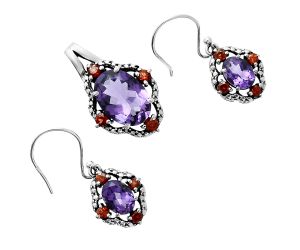 African Amethyst and Garnet Pendant Earrings Set EXT01520 T-1020, 10x14 mm