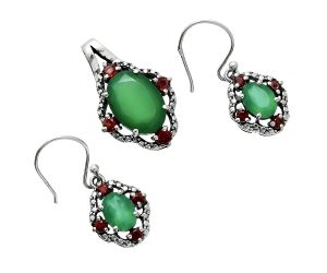 Green Onyx and Garnet Pendant Earrings Set EXT01531 T-1020, 10x14 mm