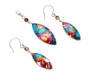 Kingman Pink Dahlia Turquoise and Garnet Pendant Earrings Set EXT01549 T-1010, 14x32 mm