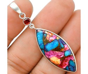 Kingman Pink Dahlia Turquoise and Garnet Pendant Earrings Set EXT01549 T-1010, 14x32 mm