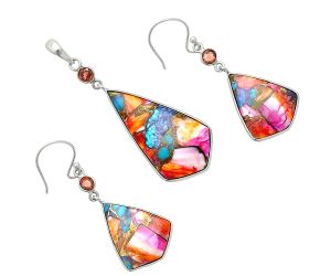 Kingman Orange Dahlia Turquoise and Garnet Pendant Earrings Set EXT01550 T-1010, 18x32 mm