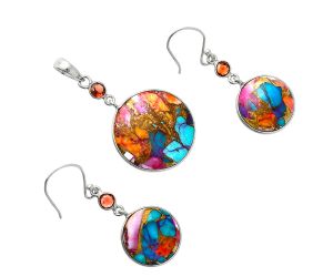 Kingman Orange Dahlia Turquoise and Garnet Pendant Earrings Set EXT01551 T-1010, 21x21 mm