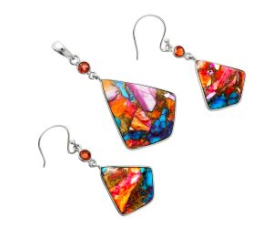 Kingman Orange Dahlia Turquoise and Garnet Pendant Earrings Set EXT01552 T-1010, 24x29 mm