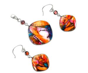 Kingman Orange Dahlia Turquoise and Garnet Pendant Earrings Set EXT01553 T-1010, 23x23 mm