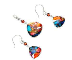 Kingman Orange Dahlia Turquoise and Garnet Pendant Earrings Set EXT01554 T-1010, 19x19 mm