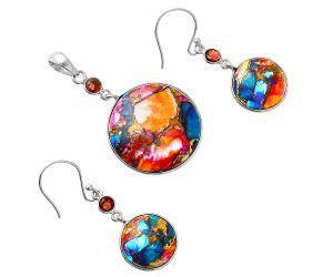 Kingman Orange Dahlia Turquoise and Garnet Pendant Earrings Set EXT01555 T-1010, 23x23 mm