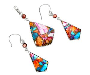 Kingman Orange Dahlia Turquoise and Garnet Pendant Earrings Set EXT01559 T-1010, 22x28 mm