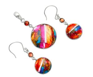 Kingman Orange Dahlia Turquoise and Garnet Pendant Earrings Set EXT01560 T-1010, 21x21 mm