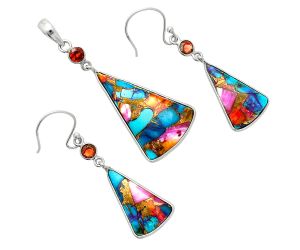 Kingman Orange Dahlia Turquoise and Garnet Pendant Earrings Set EXT01561 T-1010, 18x28 mm