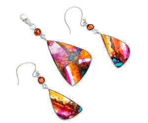 Kingman Orange Dahlia Turquoise and Garnet Pendant Earrings Set EXT01562 T-1010, 19x29 mm