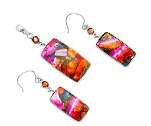 Kingman Orange Dahlia Turquoise and Garnet Pendant Earrings Set EXT01563 T-1010, 15x27 mm