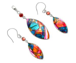 Kingman Orange Dahlia Turquoise and Garnet Pendant Earrings Set EXT01564 T-1010, 16x32 mm