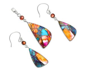 Kingman Orange Dahlia Turquoise and Garnet Pendant Earrings Set EXT01565 T-1010, 15x29 mm