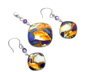 Spiny Oyster Turquoise and Amethyst Pendant Earrings Set EXT01566 T-1010, 23x23 mm