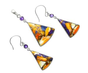 Spiny Oyster Turquoise and Amethyst Pendant Earrings Set EXT01567 T-1010, 22x27 mm