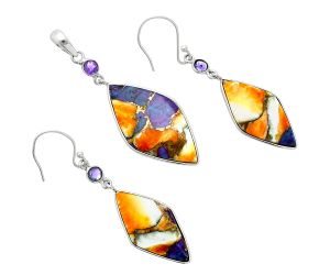 Spiny Oyster Turquoise and Amethyst Pendant Earrings Set EXT01569 T-1010, 16x30 mm