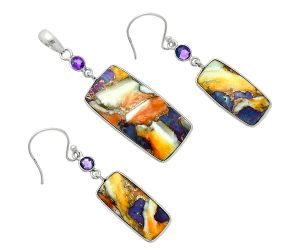 Spiny Oyster Turquoise and Amethyst Pendant Earrings Set EXT01571 T-1010, 14x29 mm