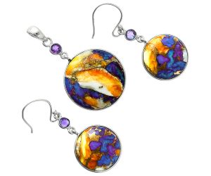 Spiny Oyster Turquoise and Amethyst Pendant Earrings Set EXT01572 T-1010, 22x22 mm