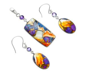 Spiny Oyster Turquoise and Amethyst Pendant Earrings Set EXT01573 T-1010, 15x29 mm