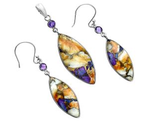 Spiny Oyster Turquoise and Amethyst Pendant Earrings Set EXT01577 T-1010, 14x33 mm